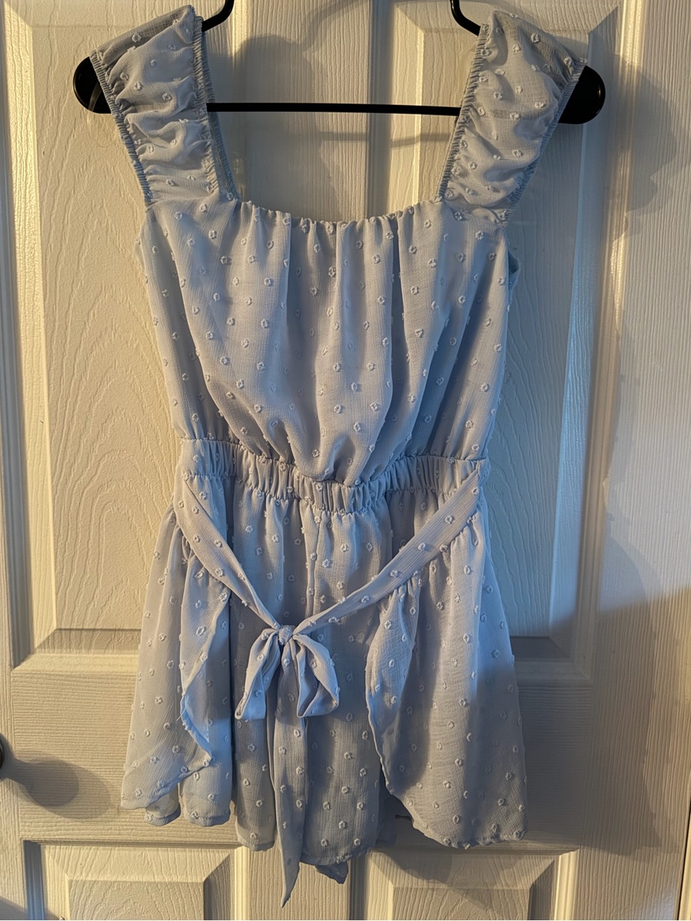Altar’d State Baby Blue Eyelet Sleeveless Romper with Tie Waist